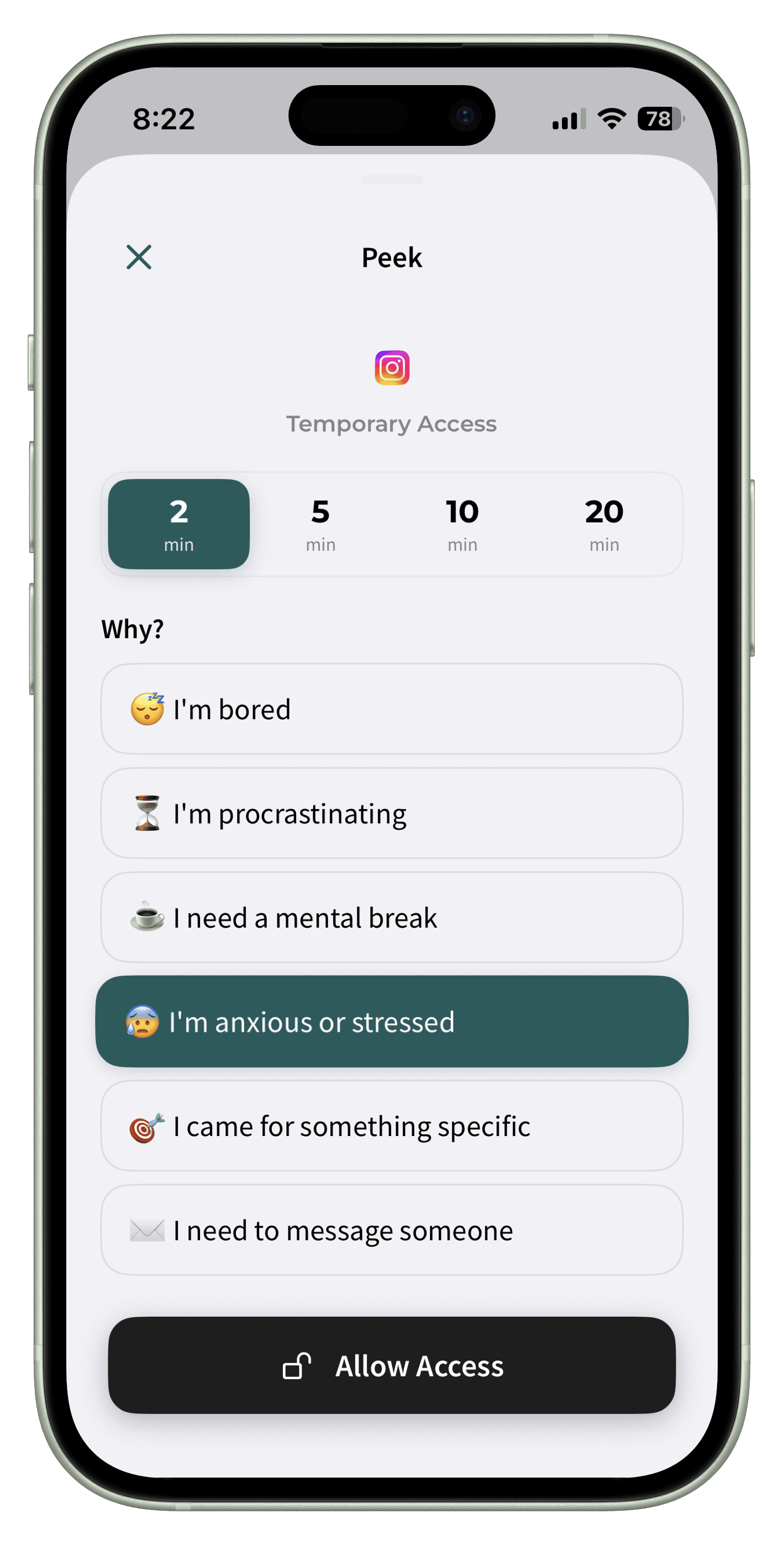 unhookd Peek screen showing duration options and a reason prompt